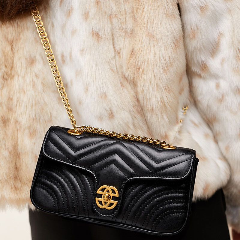 Women’s Black Genuine Leather Quilted Chain Crossbody Shoulder Bags image 4