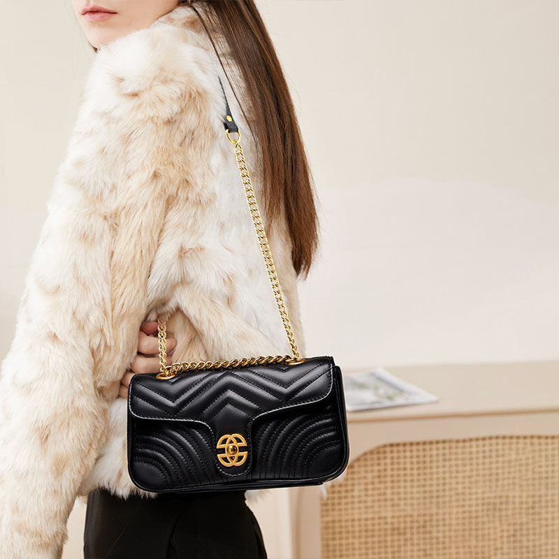 Women’s Black Genuine Leather Quilted Chain Crossbody Shoulder Bags image 6