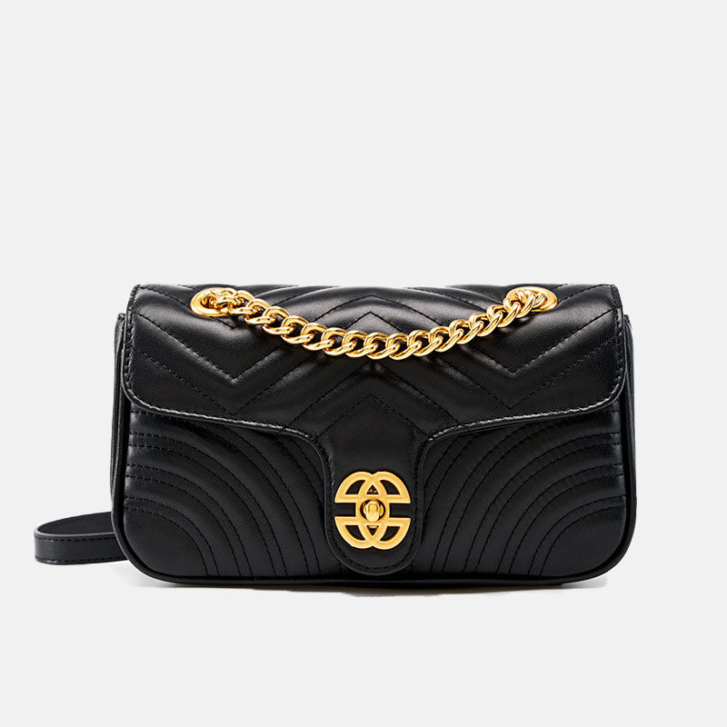 Women’s Black Genuine Leather Quilted Chain Crossbody Shoulder Bags image 2