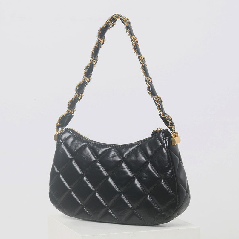 Women’s Black Genuine Leather Quilted Chain Shoulder Baguette Bag In Vintage image 2