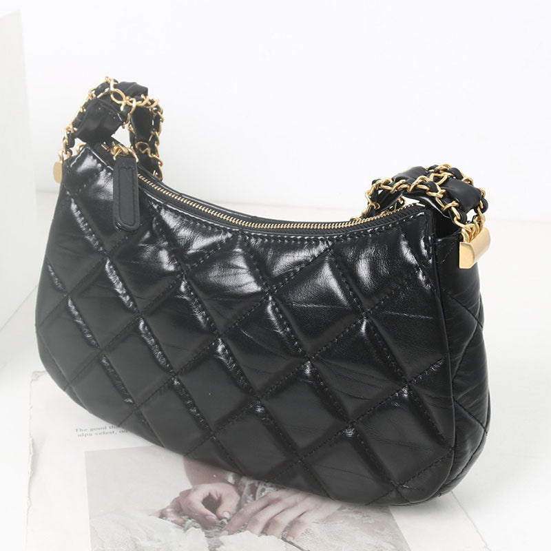 Women’s Black Genuine Leather Quilted Chain Shoulder Baguette Bag In Vintage image 3