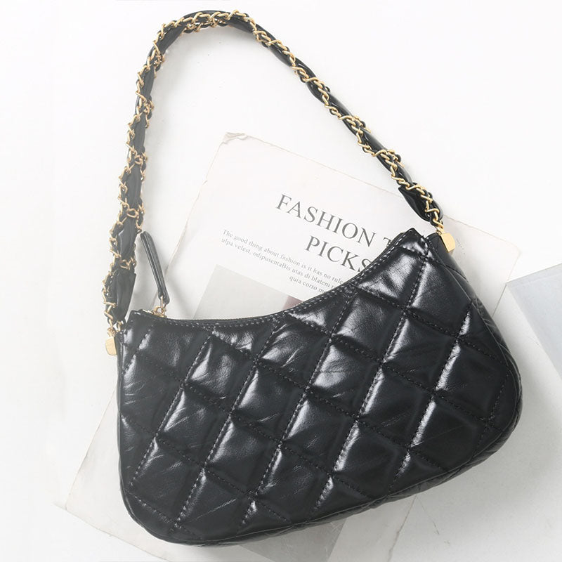 Women’s Black Genuine Leather Quilted Chain Shoulder Baguette Bag In Vintage image 4