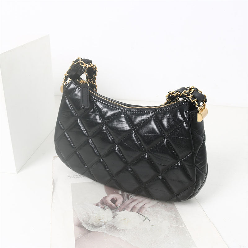 Women’s Black Genuine Leather Quilted Chain Shoulder Baguette Bag In Vintage image 5