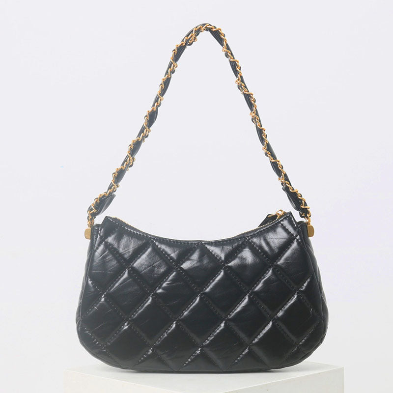 Women’s Black Genuine Leather Quilted Chain Shoulder Baguette Bag In Vintage image