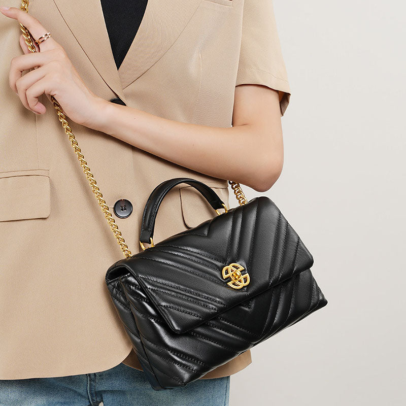 Women’s Black Genuine Leather Quilted Crossbody Shoulder Chain Bag With Vintage image 3