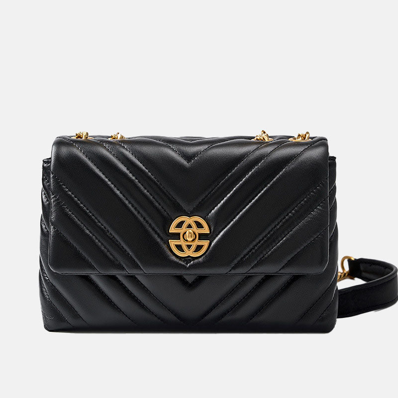 Women’s Black Genuine Leather Quilted Crossbody Shoulder Chain Bag With Vintage image