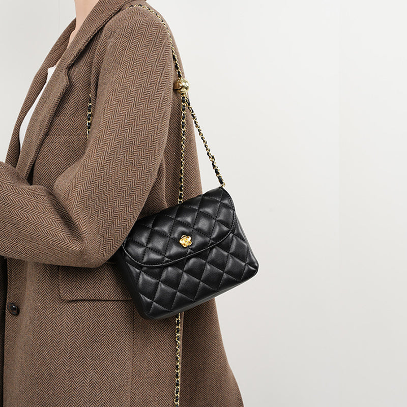 Women’s Black Genuine Leather Vintage Quilted Chain Crossbody Shoulder Bag image 3