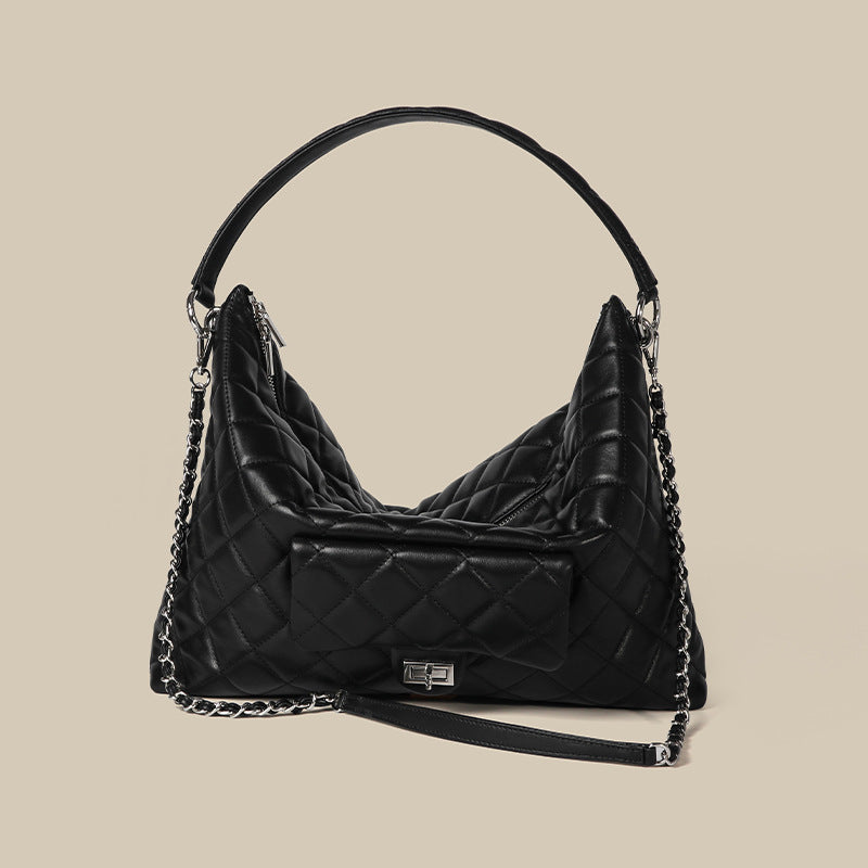 Women’s Black Leather Hobo Quilted Crossbody Chain Tote Bag image 2