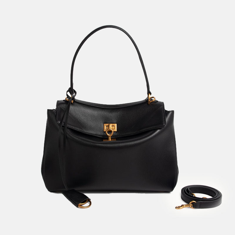 Women’s Black Leather Lock Crossbody Shoulder Bag image