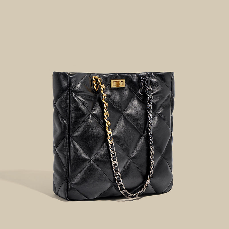 Women’s Black Leather Quilted Chain Tote Bag image 2