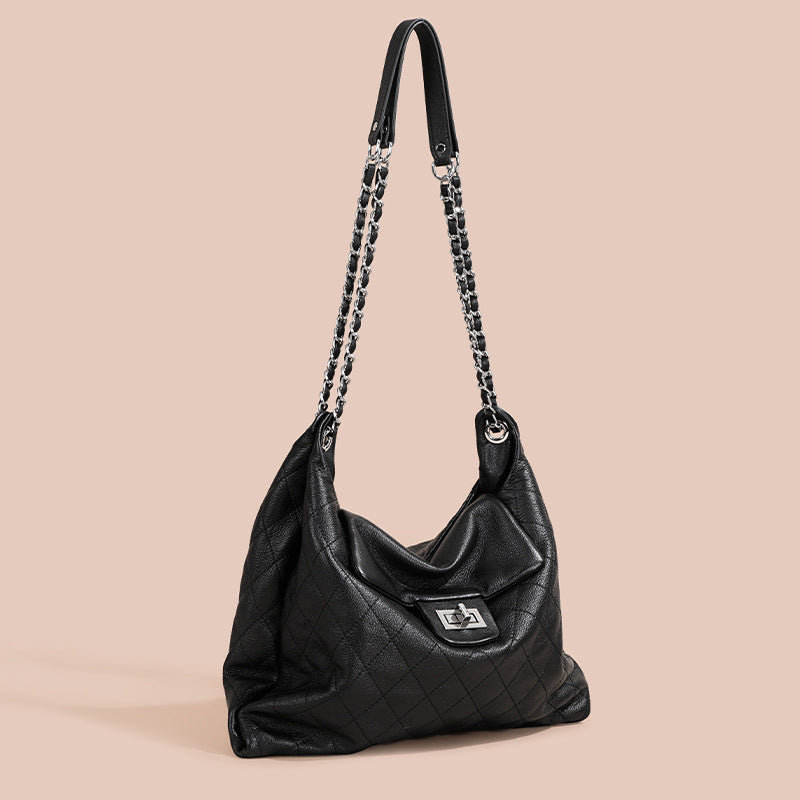 Women’s Black Leather Quilted Crossbody Tote Bag with Chain Strap image 2