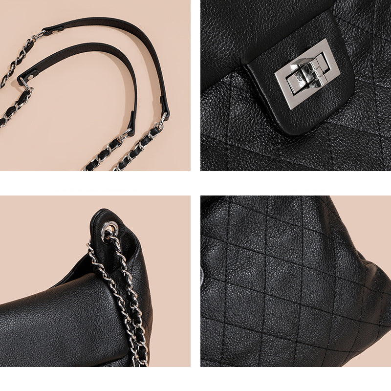 Women’s Black Leather Quilted Crossbody Tote Bag with Chain Strap image 4