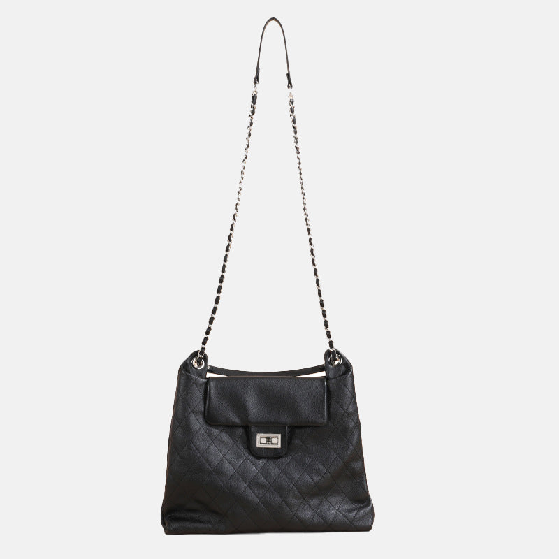 Women’s Black Leather Quilted Crossbody Tote Bag with Chain Strap image