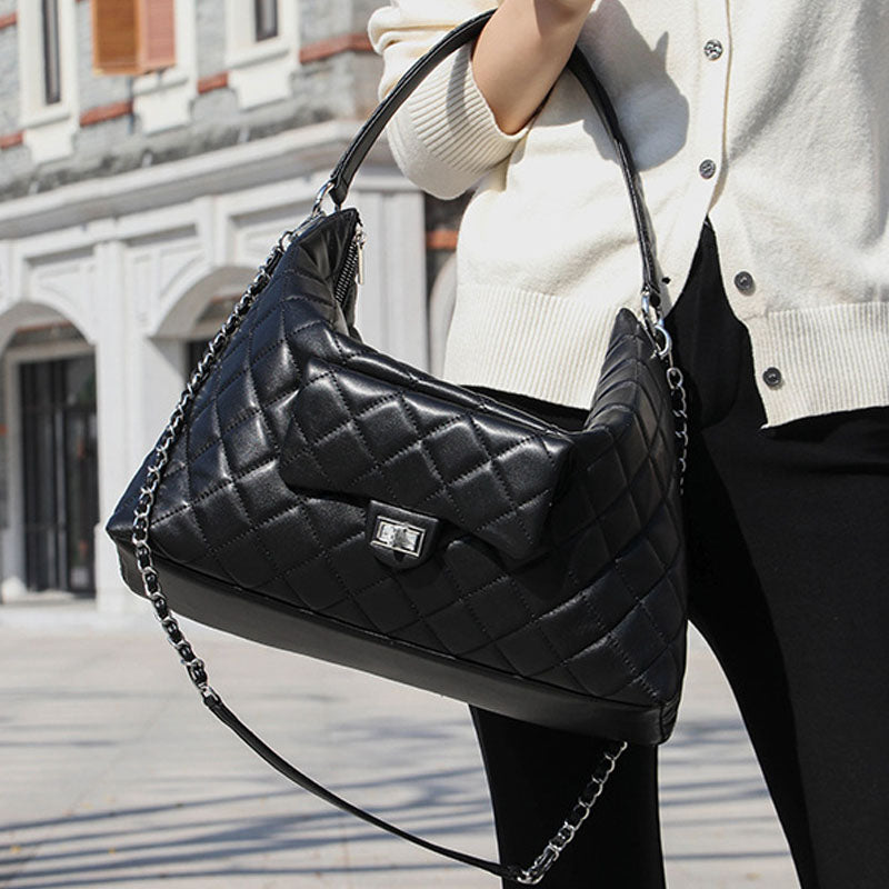 Women’s Black Leather Quilted Tote Crossbody Shoulder Hobo Bag image 5