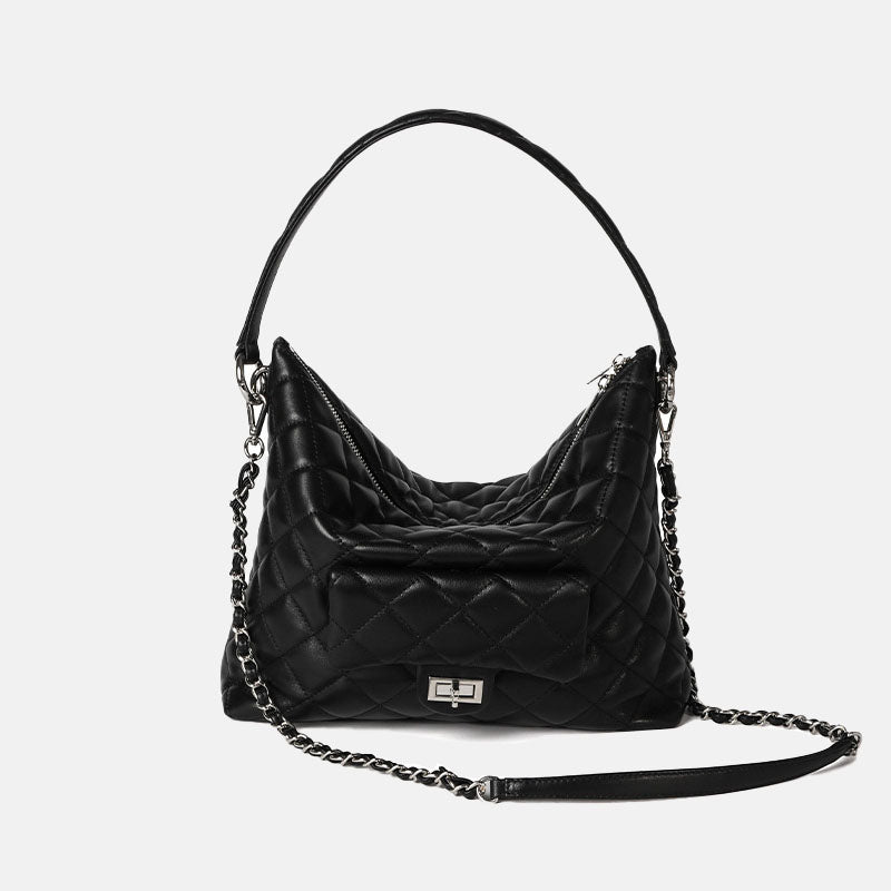 Women’s Black Leather Quilted Tote Crossbody Shoulder Hobo Bag image