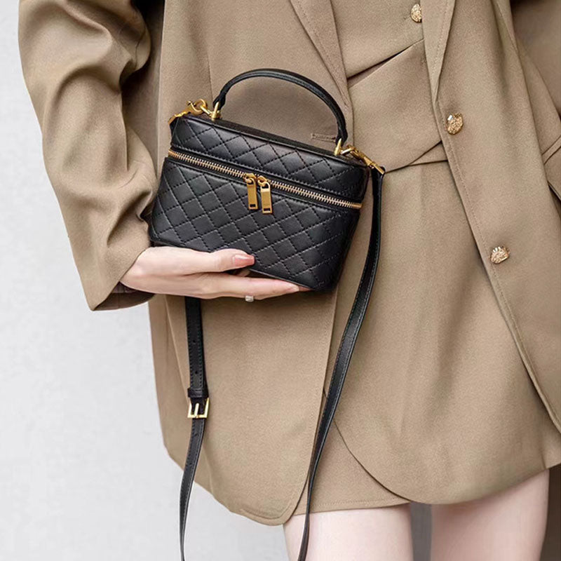 Women’s Black Mini Genuine Leather Quilted Crossbody Top Handle Box Bag image 3