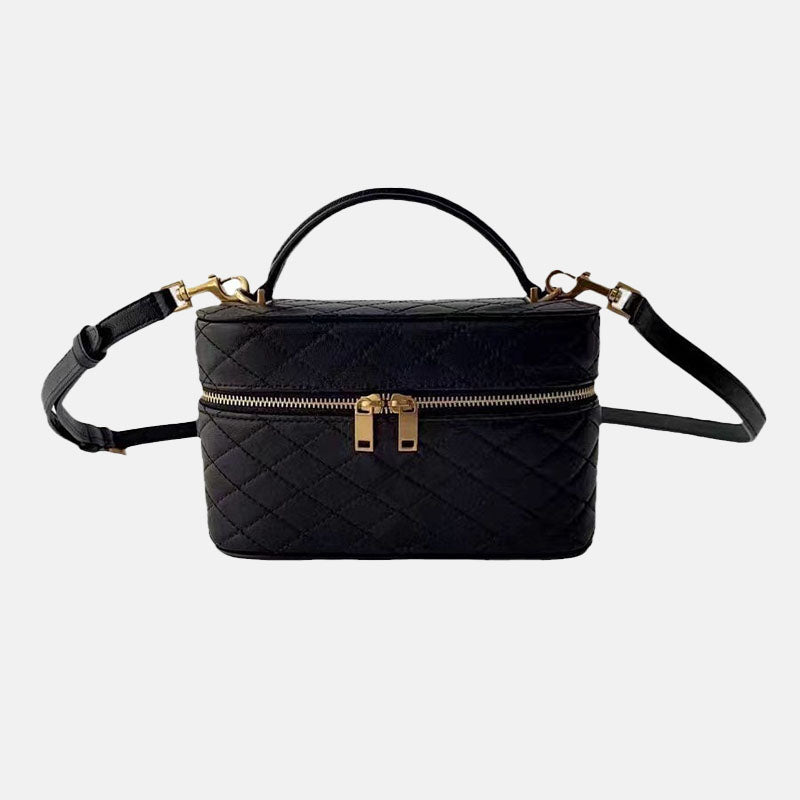 Women’s Black Mini Genuine Leather Quilted Crossbody Top Handle Box Bag image