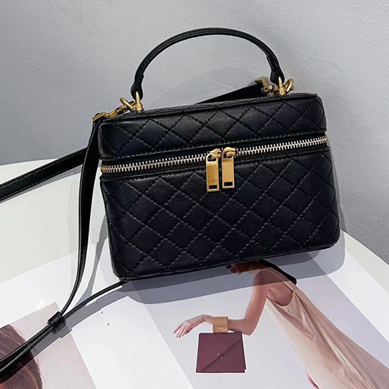 Women’s Black Mini Genuine Leather Quilted Crossbody Top Handle Box Bag image 2