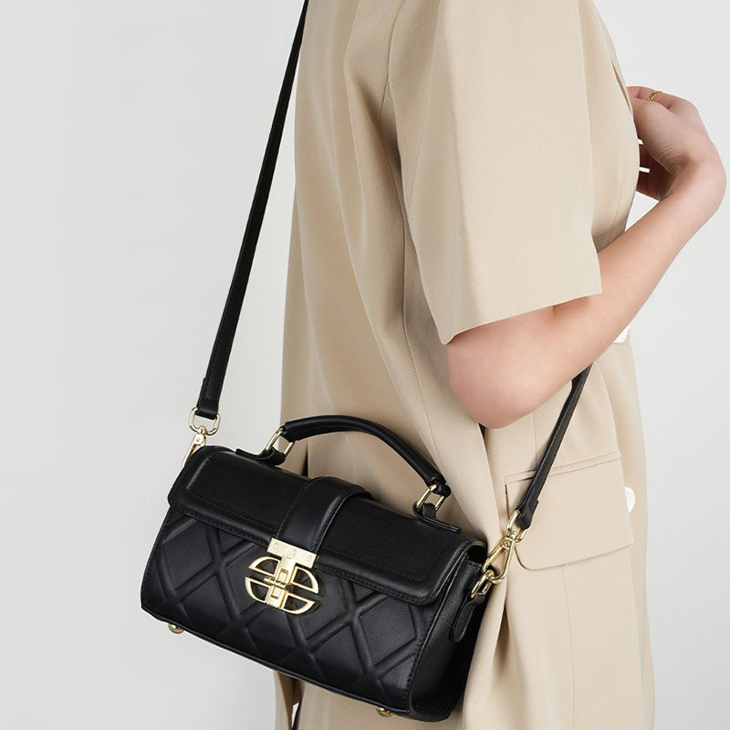 Women’s Black Minimalist Genuine Leather Quilted Lock Crossbody Top Handle Bag image 3
