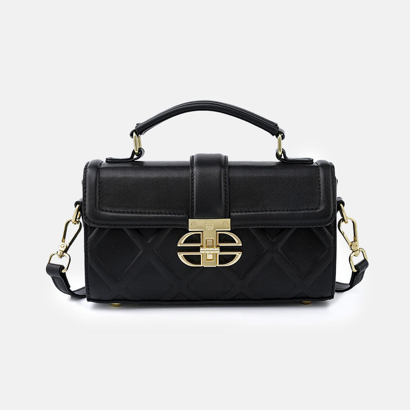 Women’s Black Minimalist Genuine Leather Quilted Lock Crossbody Top Handle Bag image