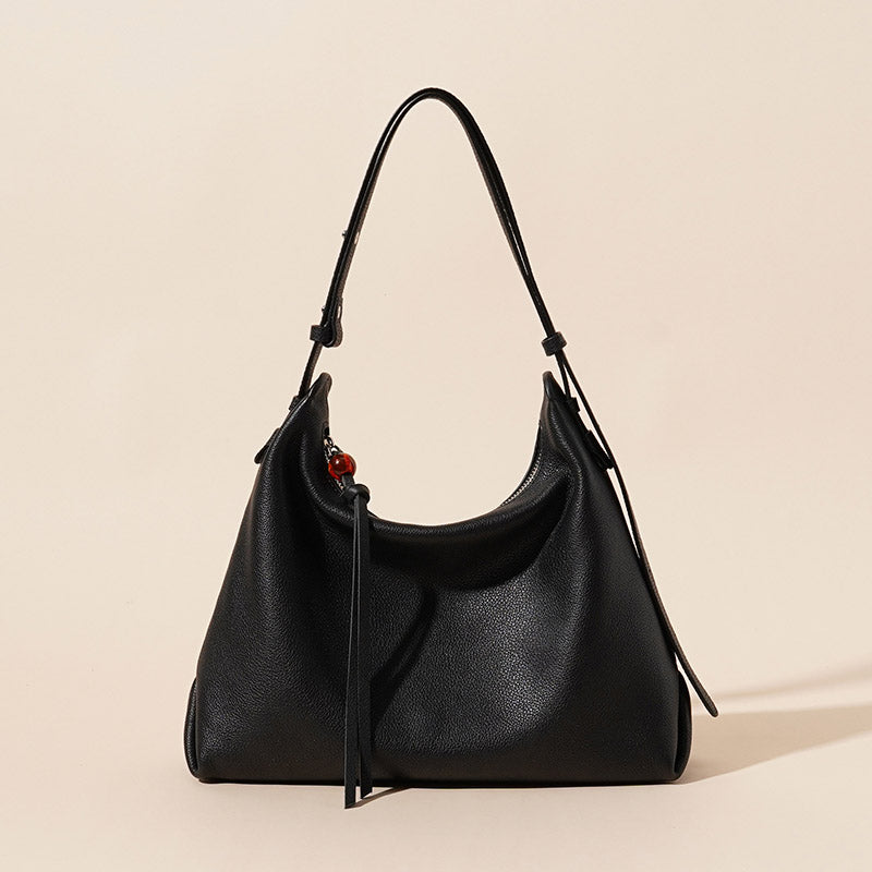 Women’s Black Minimalist Genuine Leather Zipper Hobo Bag image 2