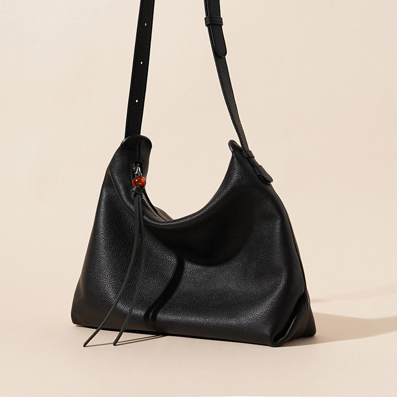 Women’s Black Minimalist Genuine Leather Zipper Hobo Bag image 4