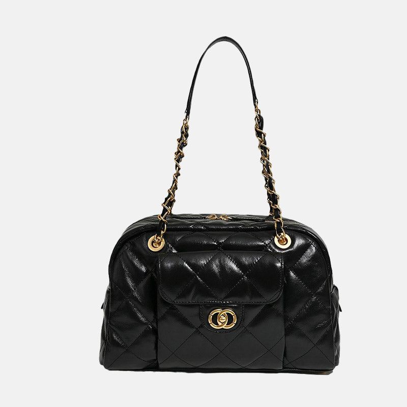 Women’s Black Minimalist Quilted Leather Chain Boston Baguette Bag image