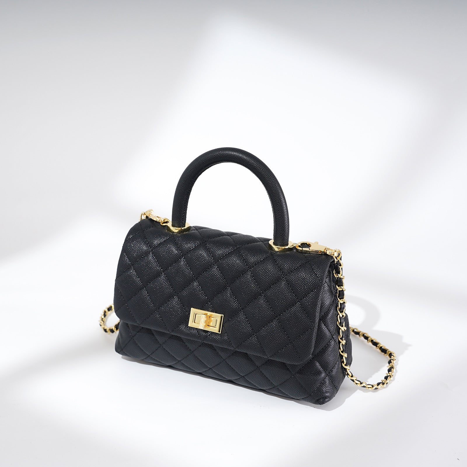 Women’s Black Caviar Textured Lambskin Quilted Crossbody Chain Top Handle Bag image 4