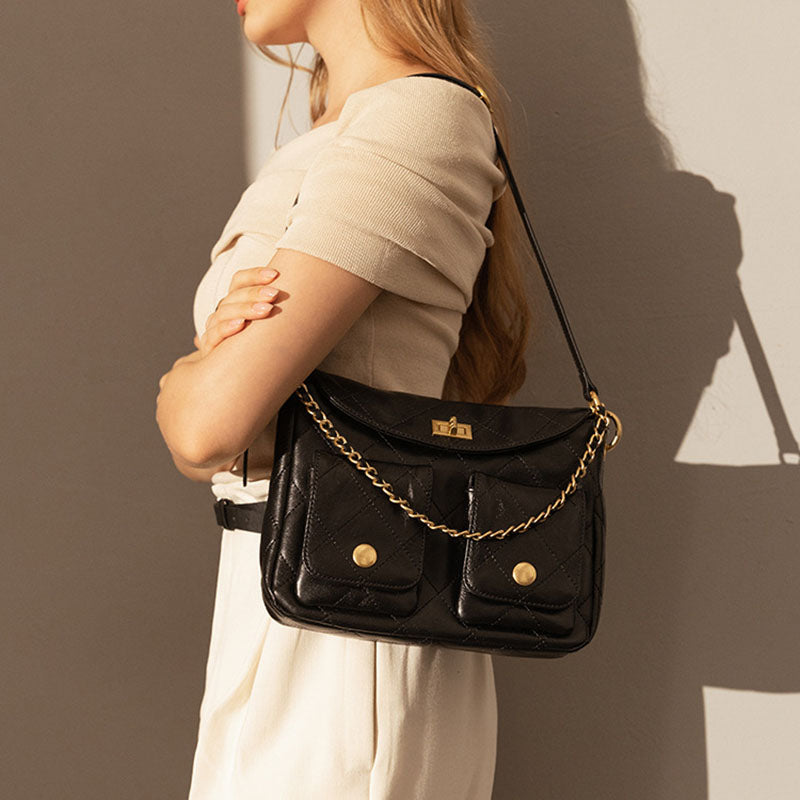 Women’s Black Quilted Genuine Leather Chain Lock Shoulder Crossbody Bag In Vintage image 2