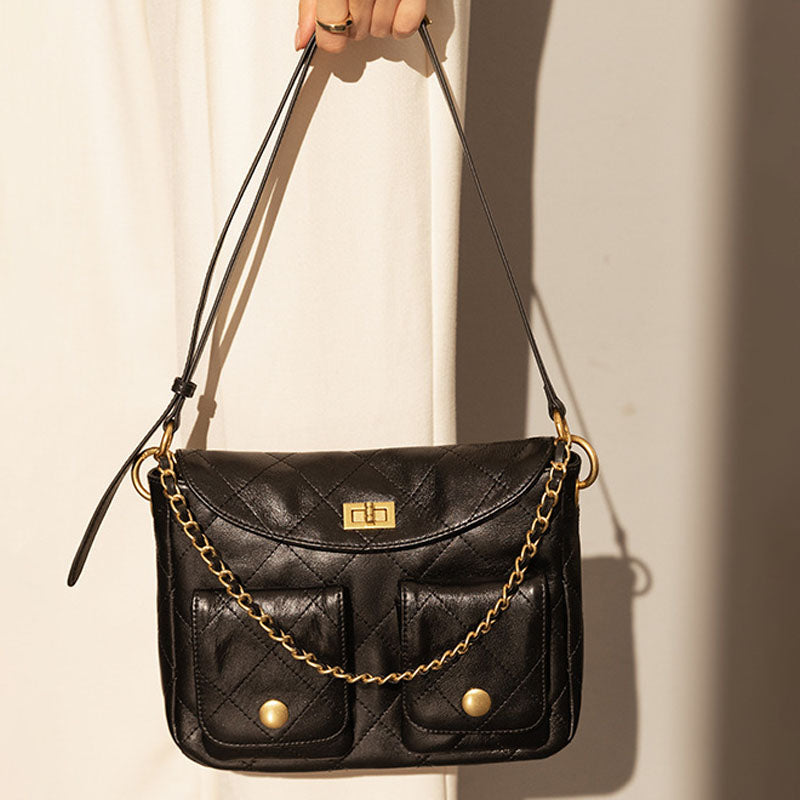 Women’s Black Quilted Genuine Leather Chain Lock Shoulder Crossbody Bag In Vintage image