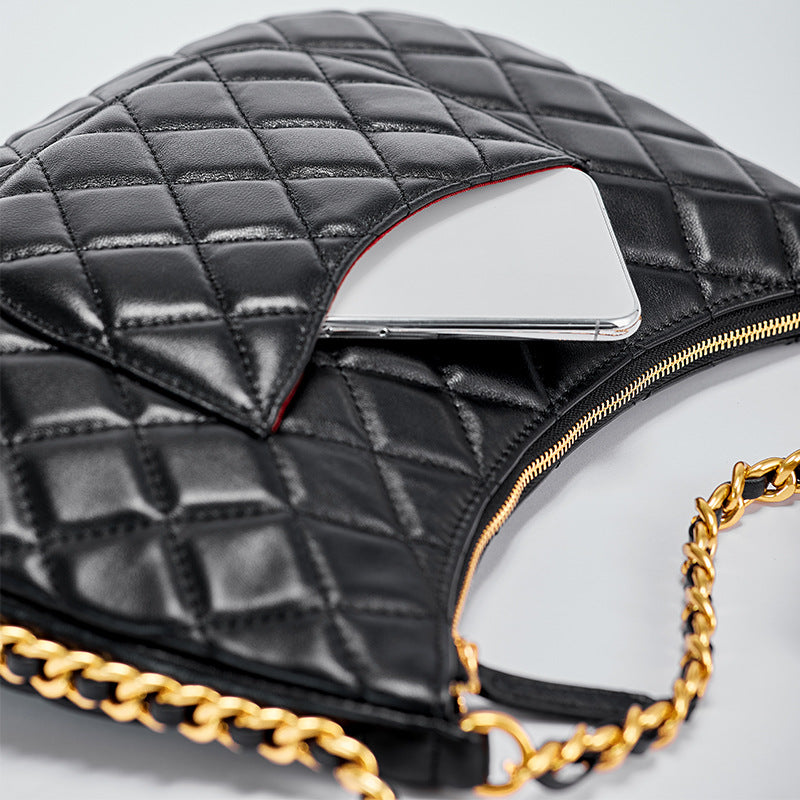 Women’s Black Quilted Genuine Leather Minimalist Crossbody Shoulder Chain Hobo Bag image 5