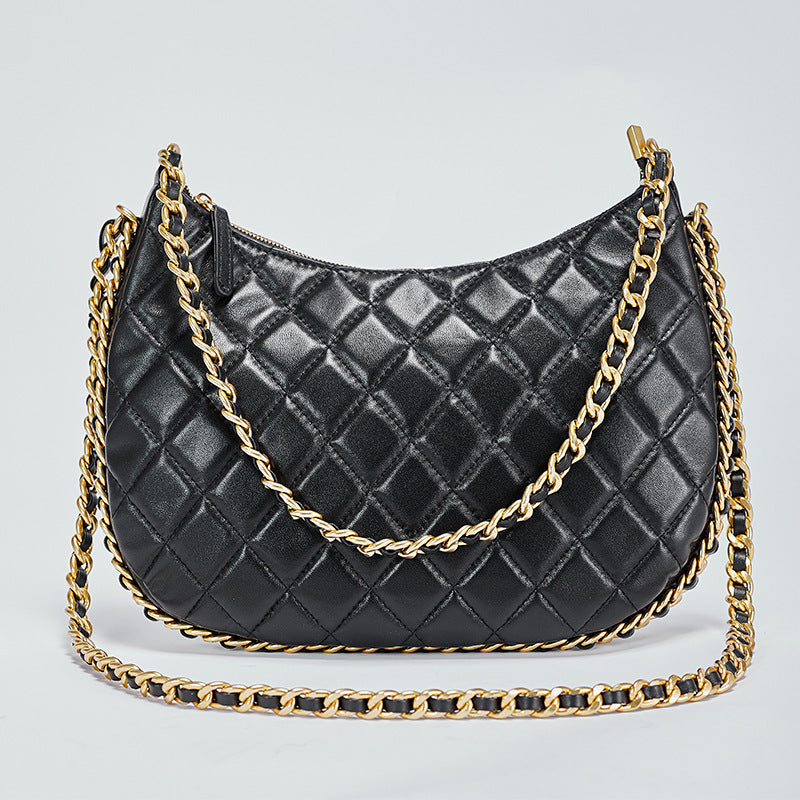 Women’s Black Quilted Genuine Leather Minimalist Crossbody Shoulder Chain Hobo Bag image 2