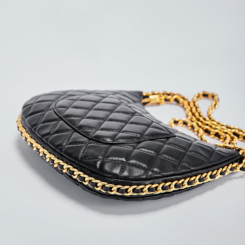Women’s Black Quilted Genuine Leather Minimalist Crossbody Shoulder Chain Hobo Bag image 3