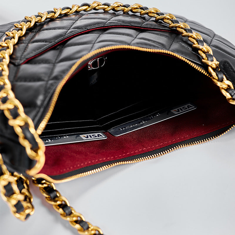 Women’s Black Quilted Genuine Leather Minimalist Crossbody Shoulder Chain Hobo Bag image 4