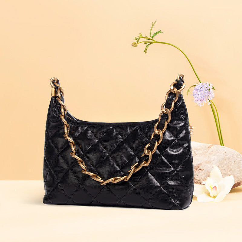Women’s Black Quilted Genuine Leather Zipper Chain Shoulder Bag image 5