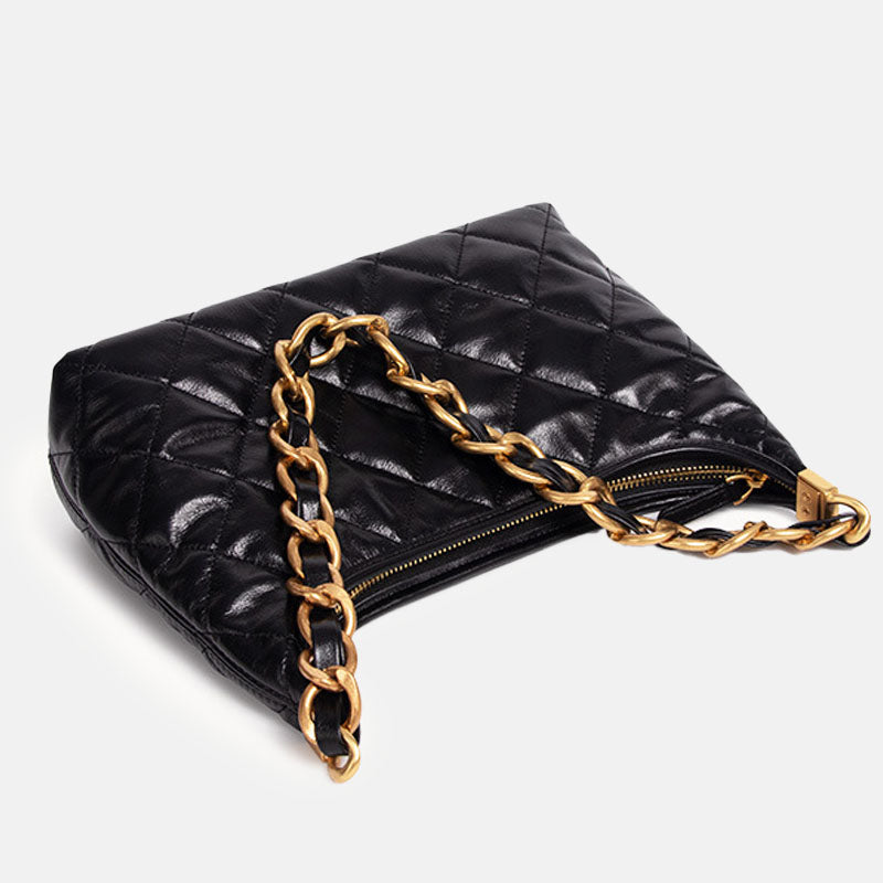 Women’s Black Quilted Genuine Leather Zipper Chain Shoulder Bag image 3