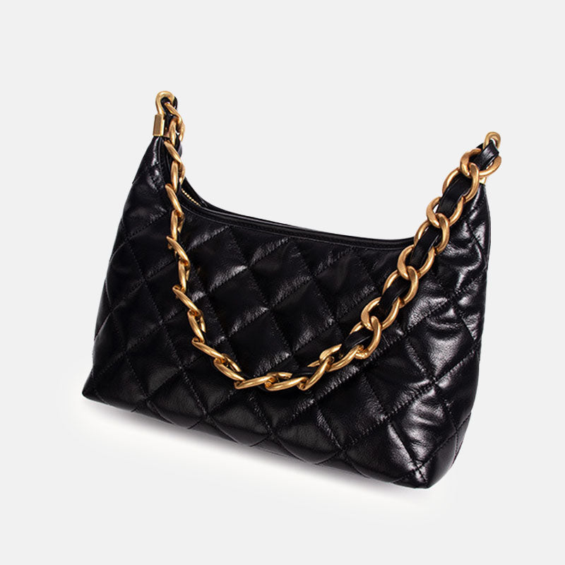 Women’s Black Quilted Genuine Leather Zipper Chain Shoulder Bag image 2