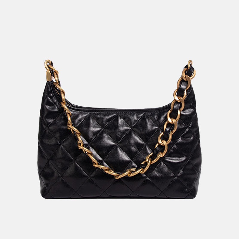 Women’s Black Quilted Genuine Leather Zipper Chain Shoulder Bag image