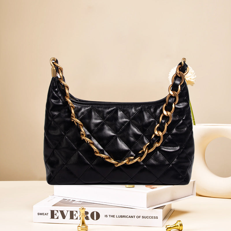 Women’s Black Quilted Genuine Leather Zipper Chain Shoulder Bag image 4