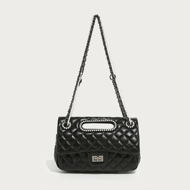 Women’s Black Quilted Pearl Chain Crossbody Handbag image