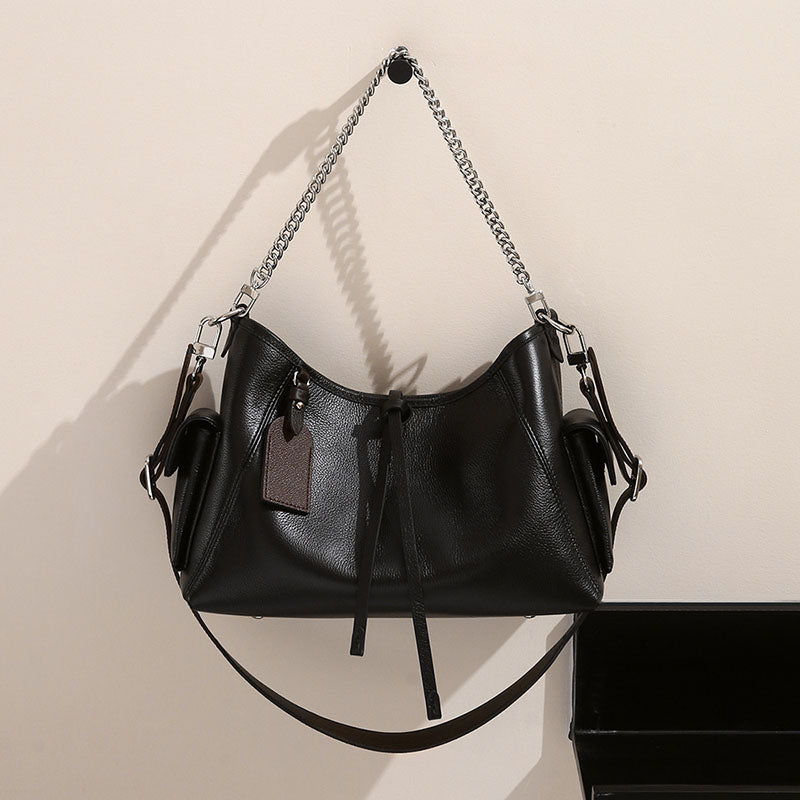 Women’s Black Vintage Genuine Leather Chain Shoulder Crossbody Tote Bag image 4