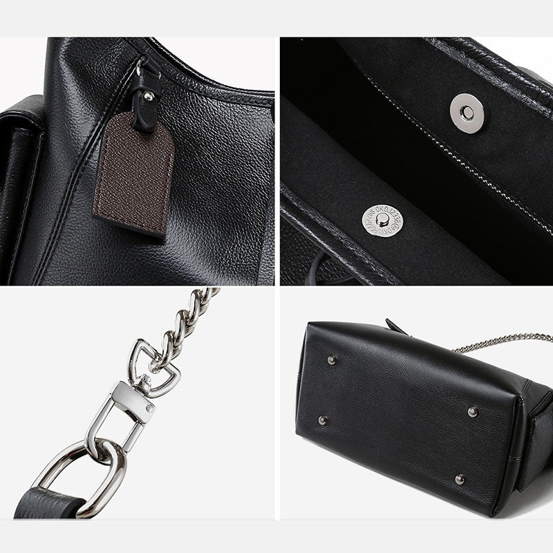 Women’s Black Vintage Genuine Leather Chain Shoulder Crossbody Tote Bag image 2