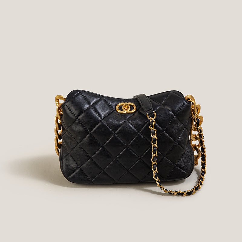 Women’s Black Vintage Genuine Leather Quilted Lock Chain Crossbody Bag image 2