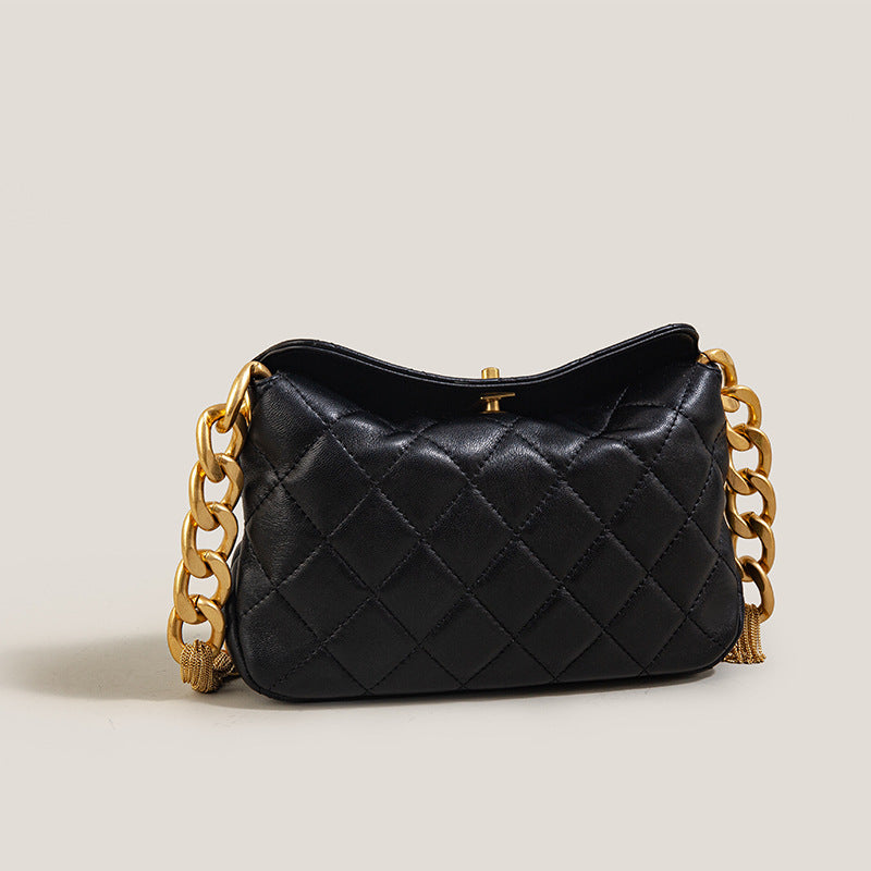 Women’s Black Vintage Genuine Leather Quilted Lock Chain Crossbody Bag image 3