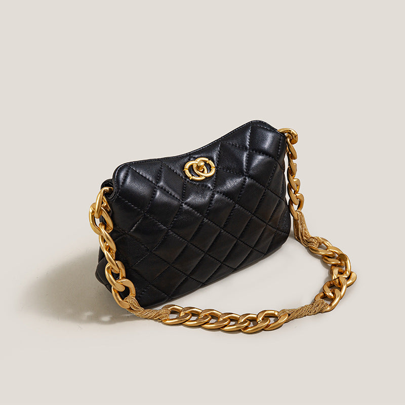 Women’s Black Vintage Genuine Leather Quilted Lock Chain Crossbody Bag image 4