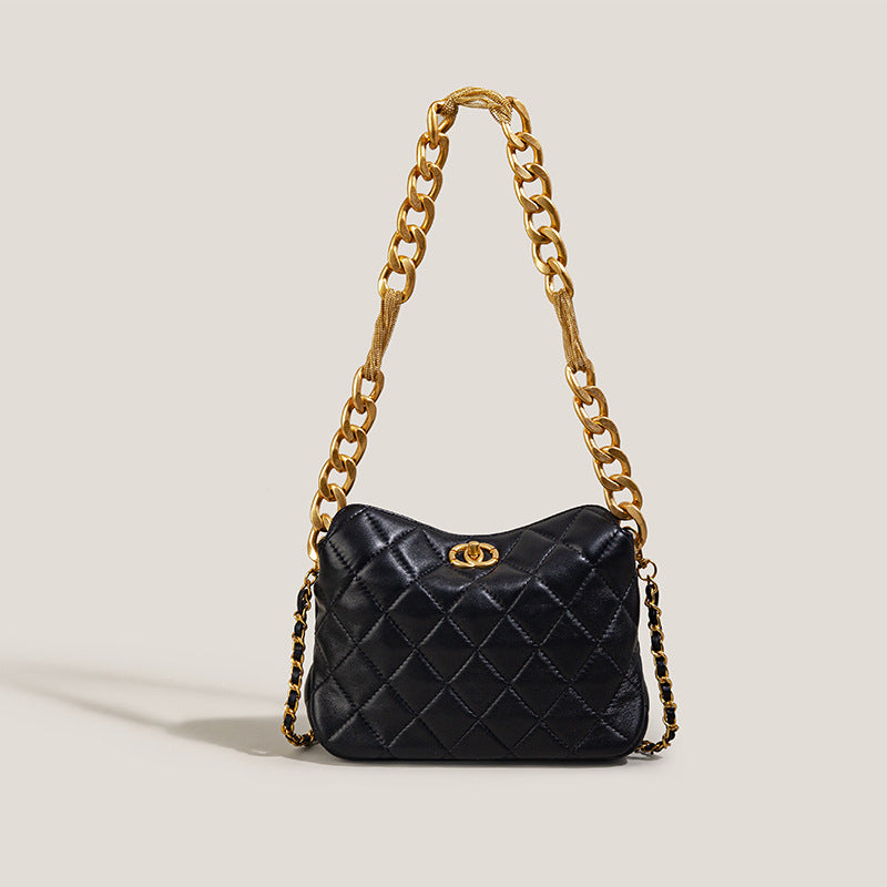 Women’s Black Vintage Genuine Leather Quilted Lock Chain Crossbody Bag image