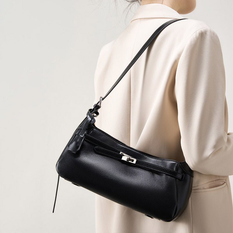 Women’s Black Waxed Genuine Leather Crossbody Baguette Bag image 2