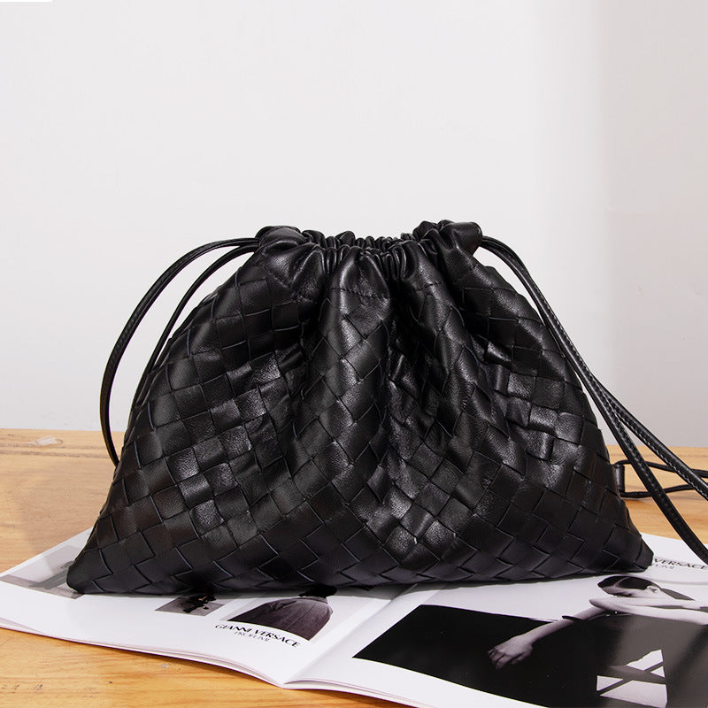 Women’s Black Woven Leather Drawstring Crossbody Shoulder Bag image 3