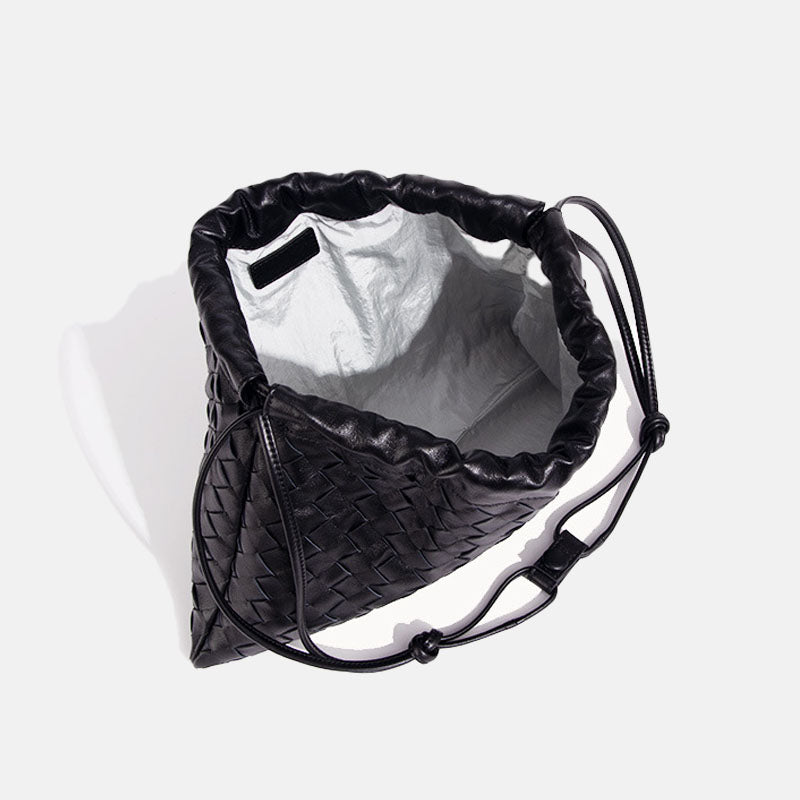 Women’s Black Woven Leather Drawstring Crossbody Shoulder Bag image 2