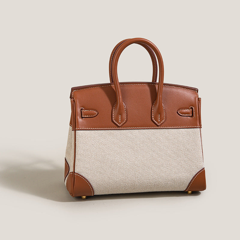 Women’s Brown And White Leather Canvas Top Handle Bag image 2